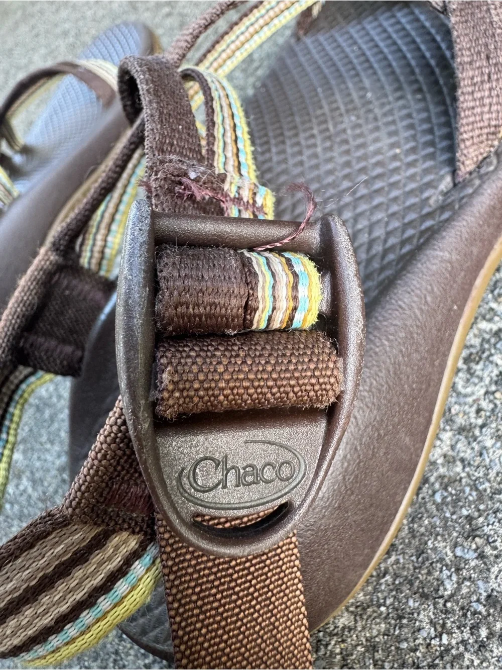 Chaco Kids Brown Sandals with Yellow and Green Stripe Size 1 No Toe Strap